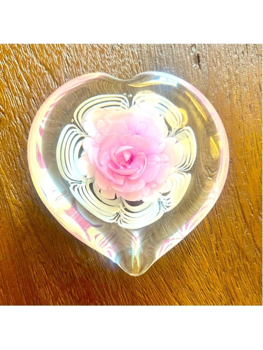 Heart shaped paperweight. Vintage, pink peony ? Flower in base with white